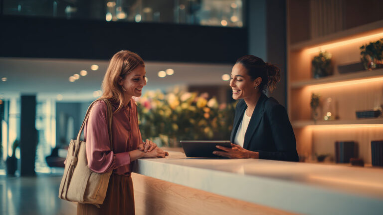 hotel lobby reception talking to hotel guest