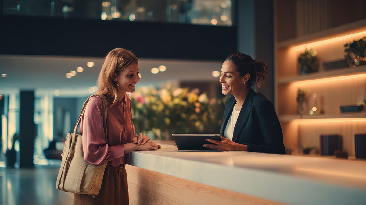 hotel lobby reception talking to hotel guest